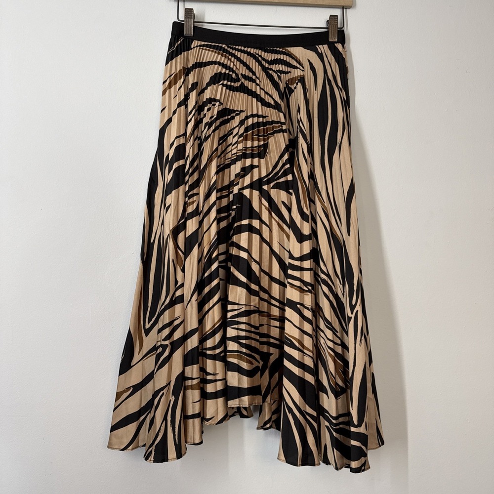 Bailey‎ 44 Tiger Print Asymmetric Pleated Midi Skirt Camel Multi Trendy Small
